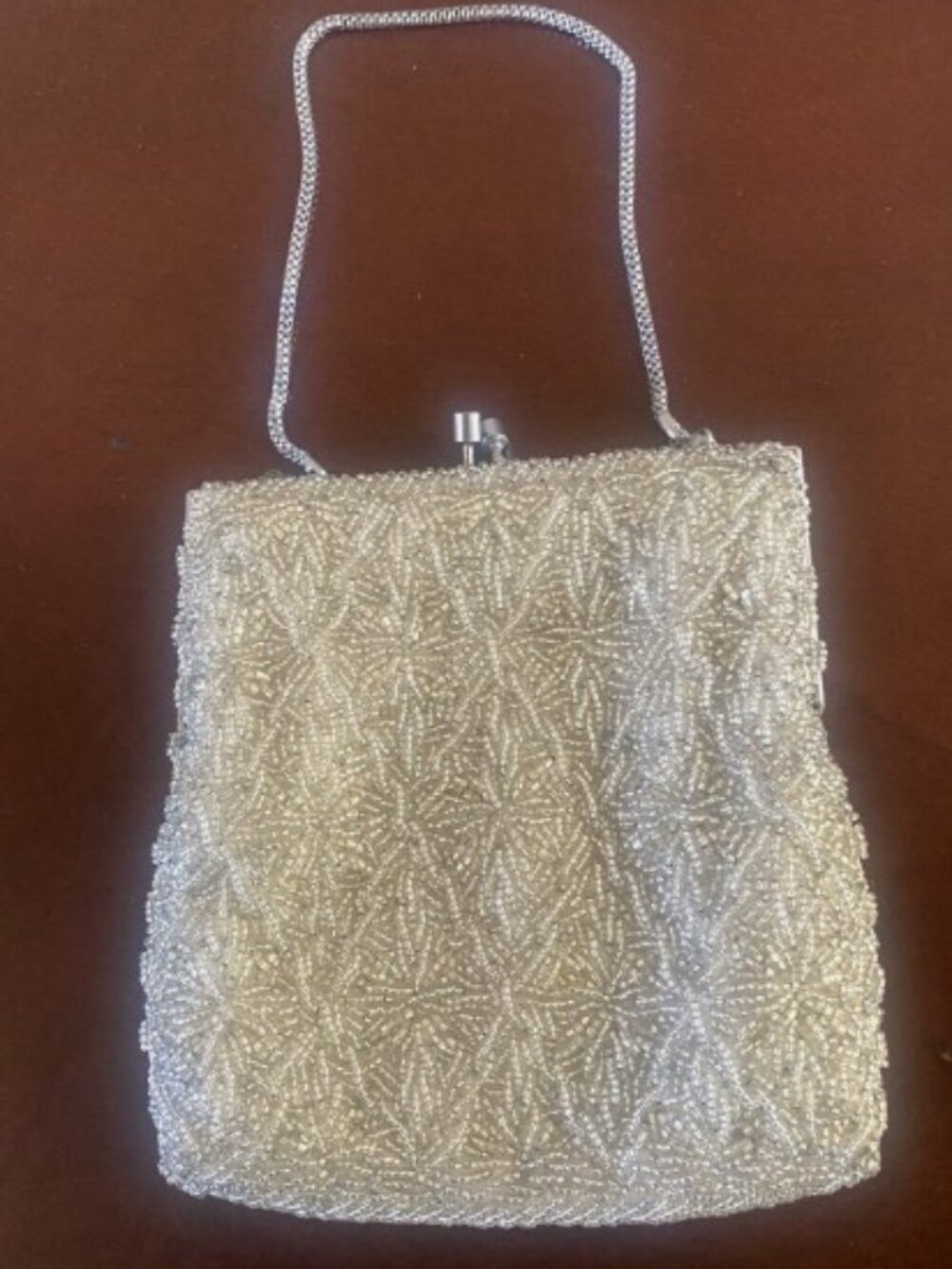 Vintage GEMS BY GEORGE '70S Silver Glass Seed Beaded Evening Handbag